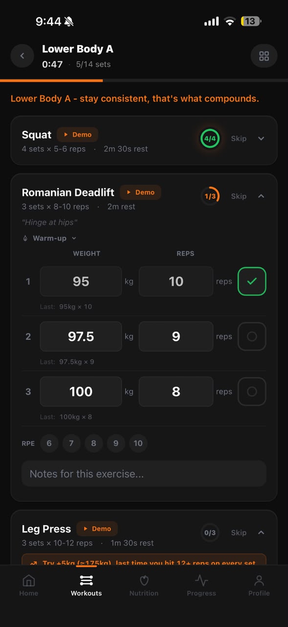 Workout logging with prefilled weights