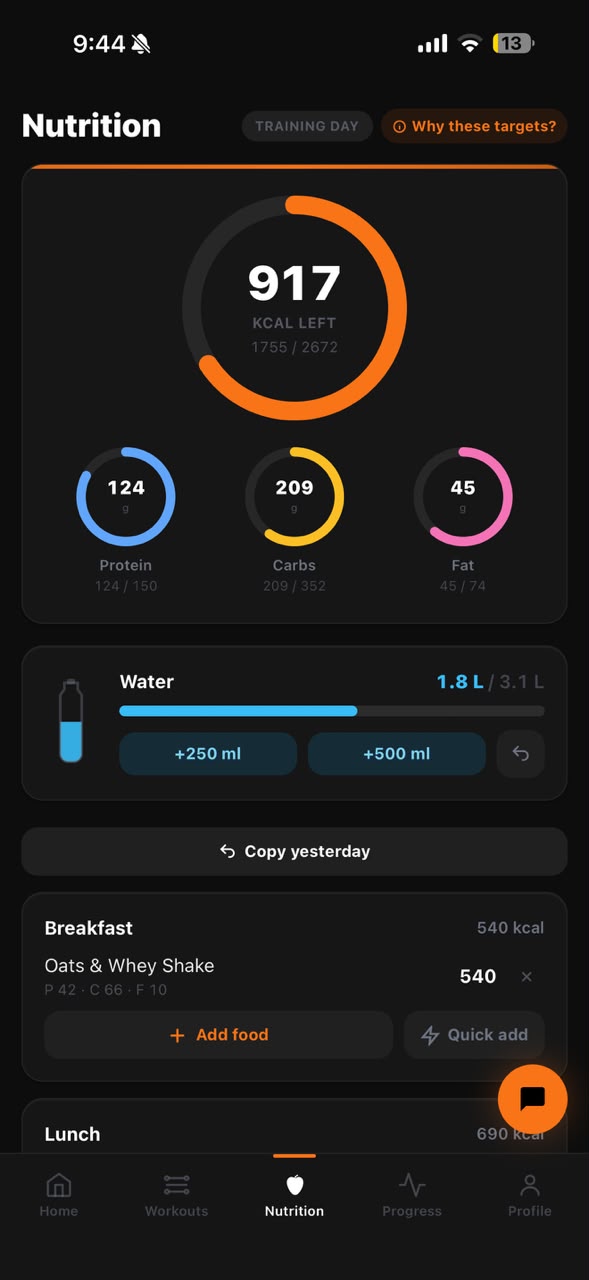 Calorie and macro rings against coach targets