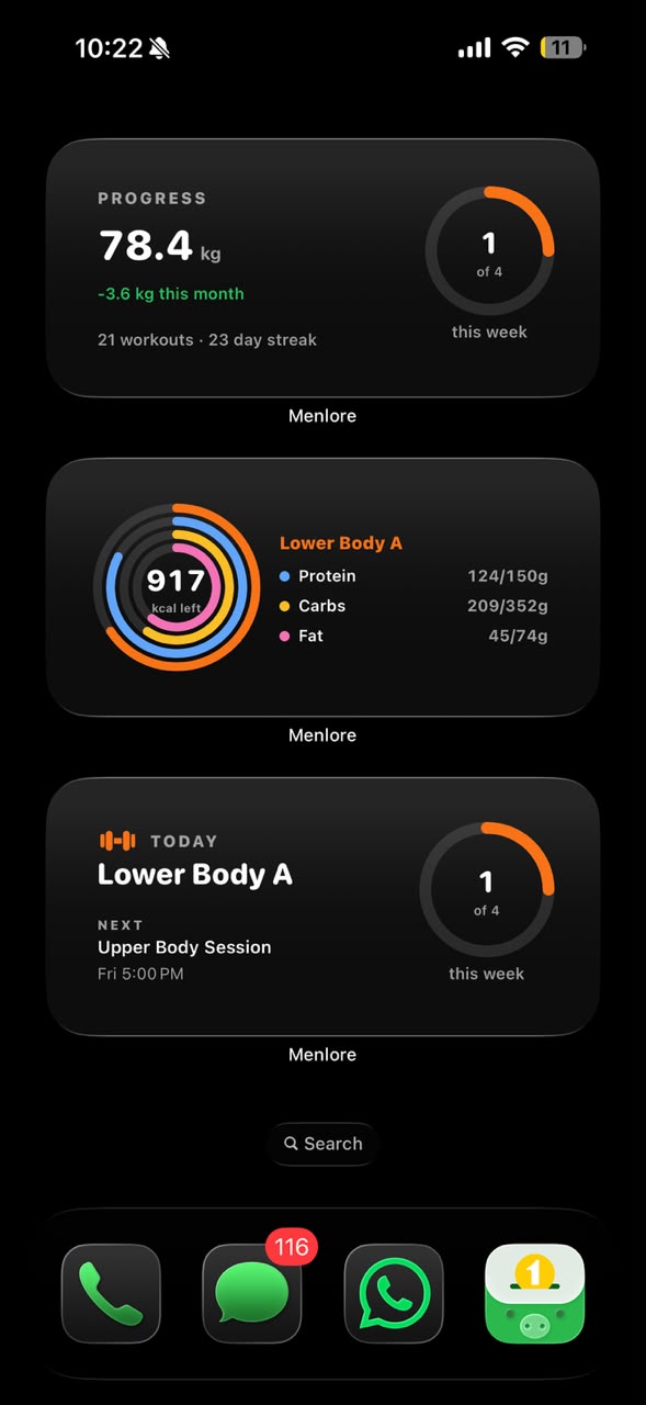 Menlore widgets on the iOS Home Screen