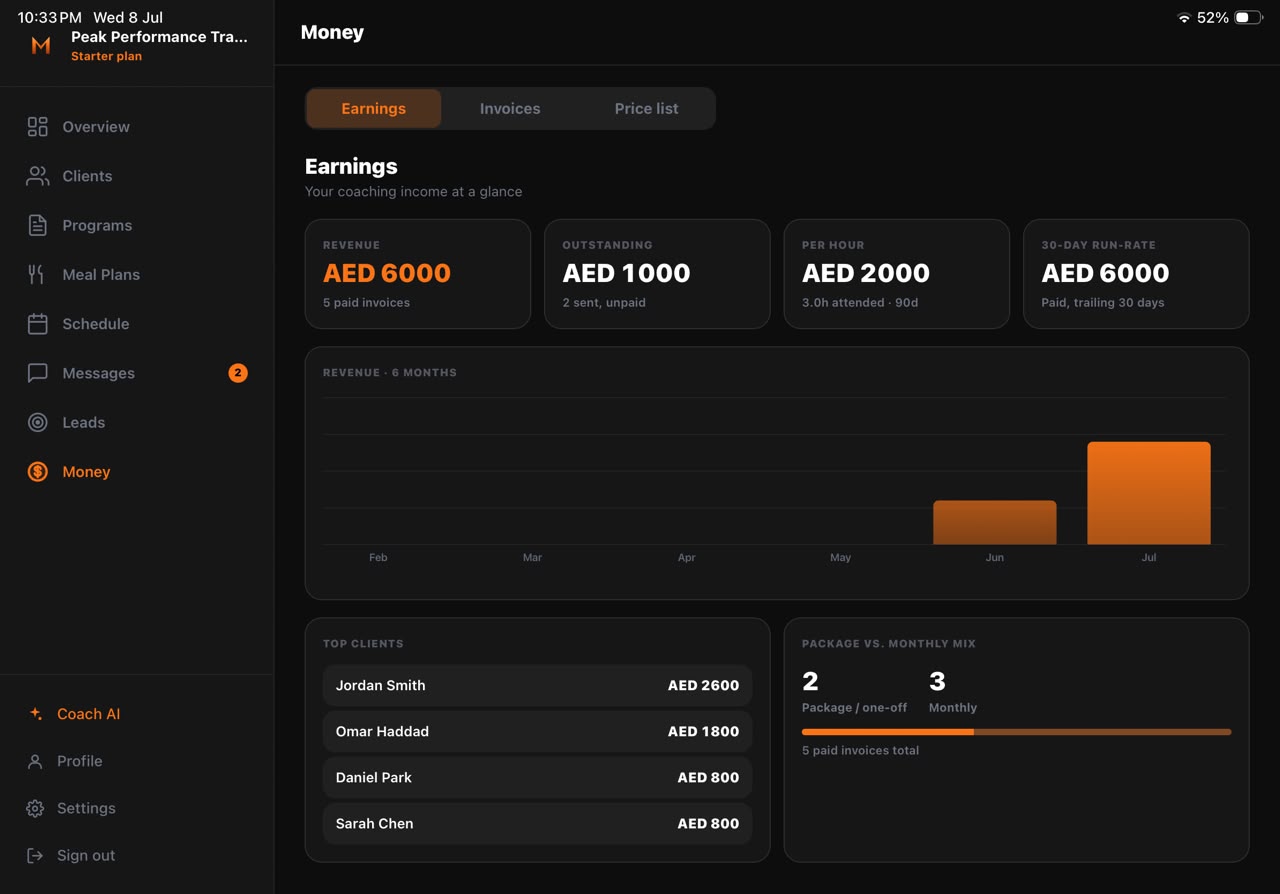 The earnings dashboard on iPad