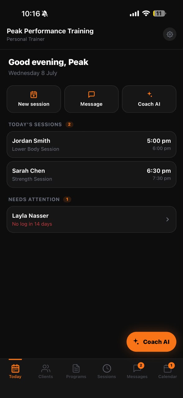 The trainer's Today view: sessions and clients needing attention